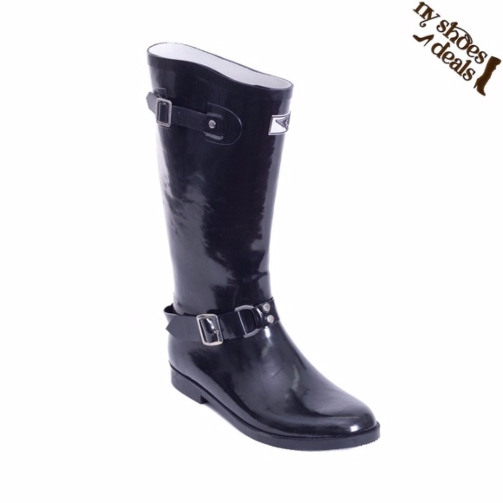 Women Rubber Rain Boots, Rider Style w/ Buckle Black Rainboots